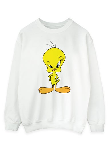 Looney Tunes Angry Tweety Women White Graphic Sweatshirt