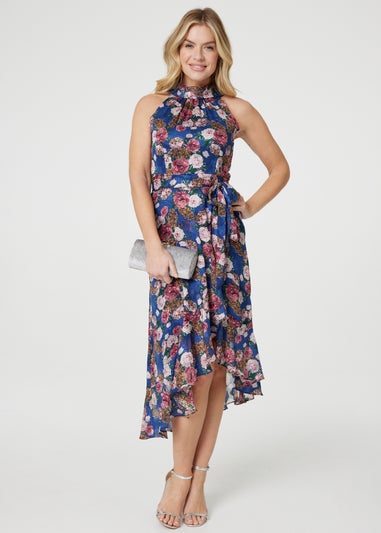 Izabel London Blue Floral Frill Hem Midi Halter Dress