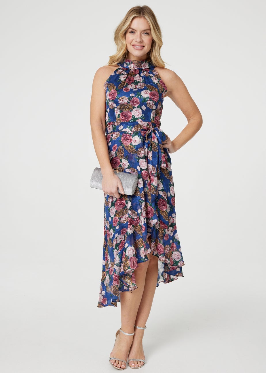 Izabel London Blue Floral Frill Hem Midi Halter Dress