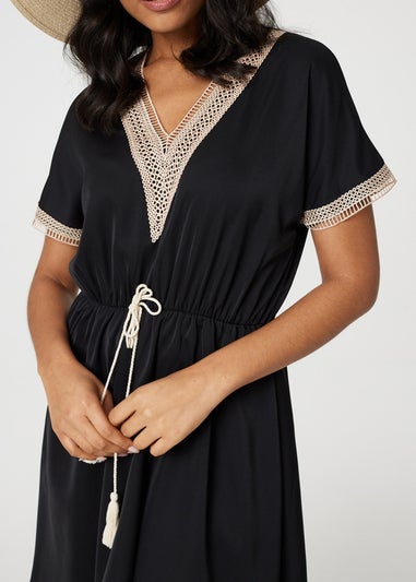 Izabel London Black Lace Tassel Waist Tie Short Dress