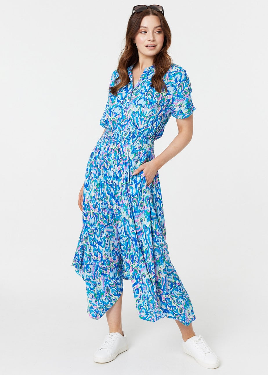 Izabel London Blue Printed Shirred Midi Shirt Dress