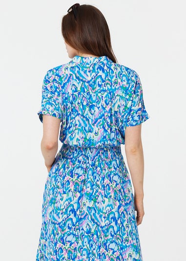 Izabel London Blue Printed Shirred Midi Shirt Dress
