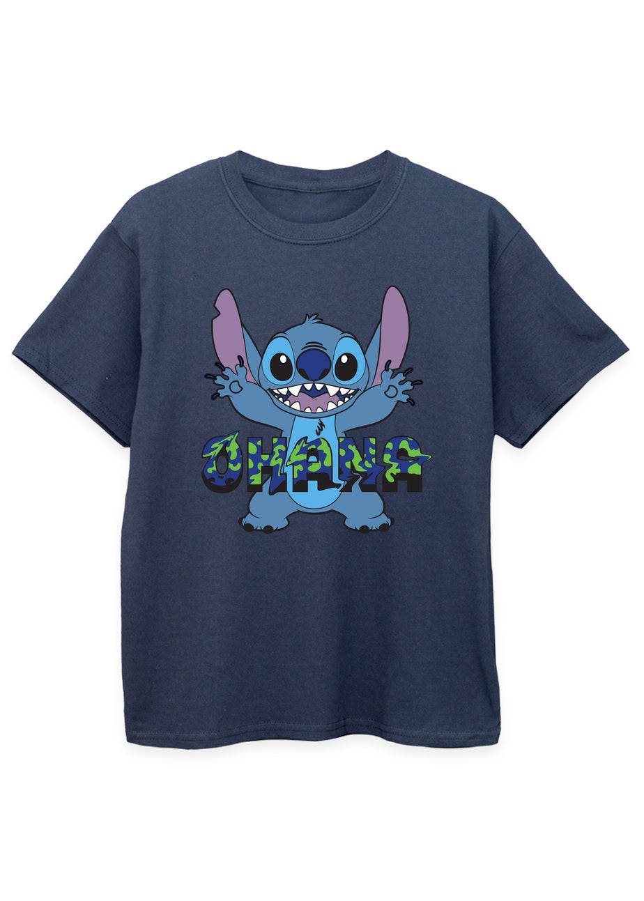 Disney Stitch Ohana Blue Glitch Boys Navy Printed T-Shirt(3-13 yrs)