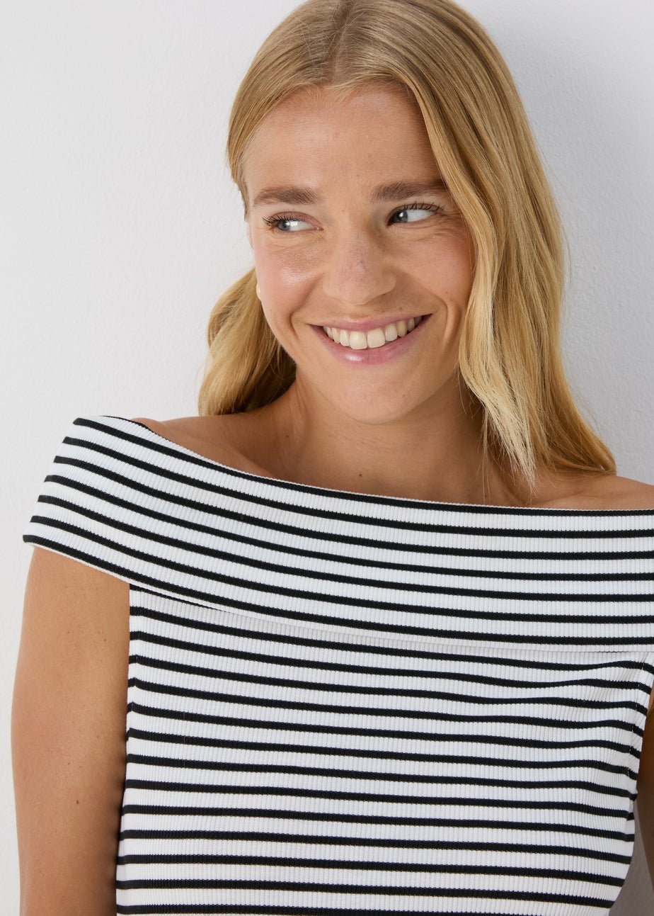 Black Mono Stripe Ribbed Bardot Top