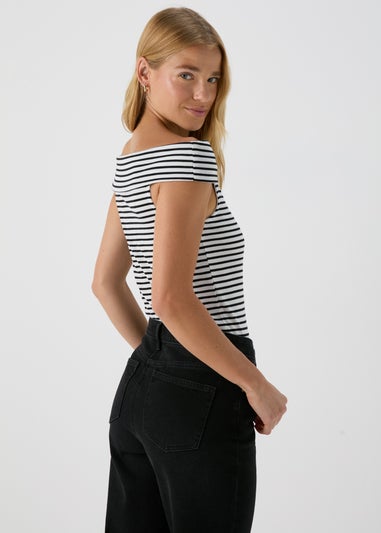 Black Mono Stripe Ribbed Bardot Top
