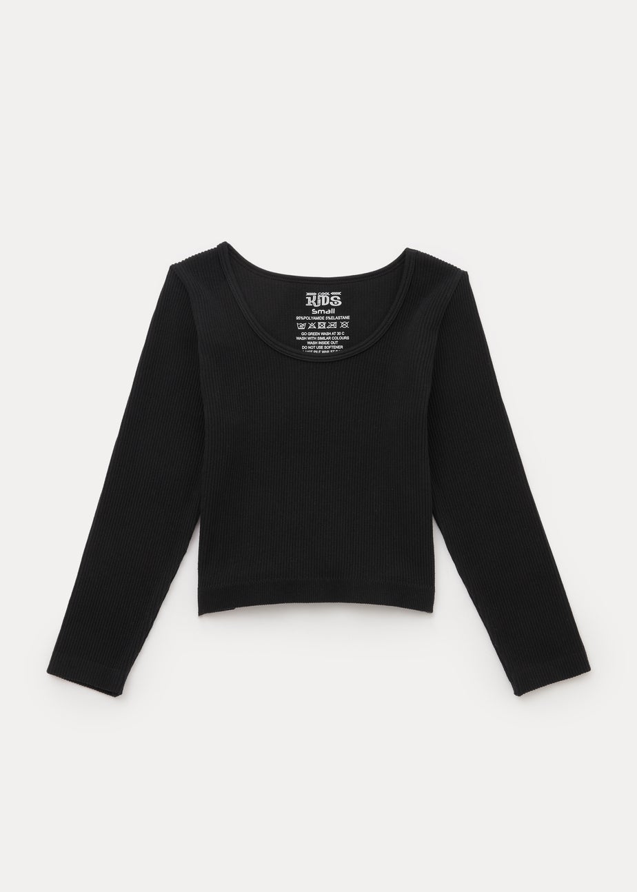 Girls Black Seamless Ribbed Long Sleeve Top (7-15yrs)