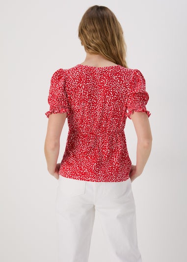 Red Shirred Cuff Jersey Top