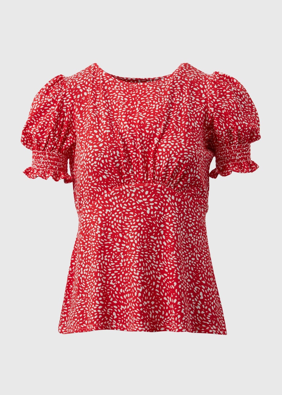 Red Shirred Cuff Jersey Top