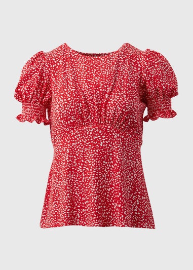 Red Shirred Cuff Jersey Top