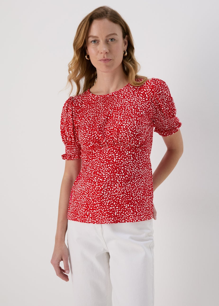 Red Shirred Cuff Jersey Top