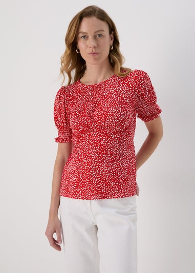 Red Shirred Cuff Jersey Top