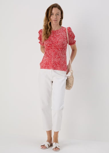 Red Shirred Cuff Jersey Top