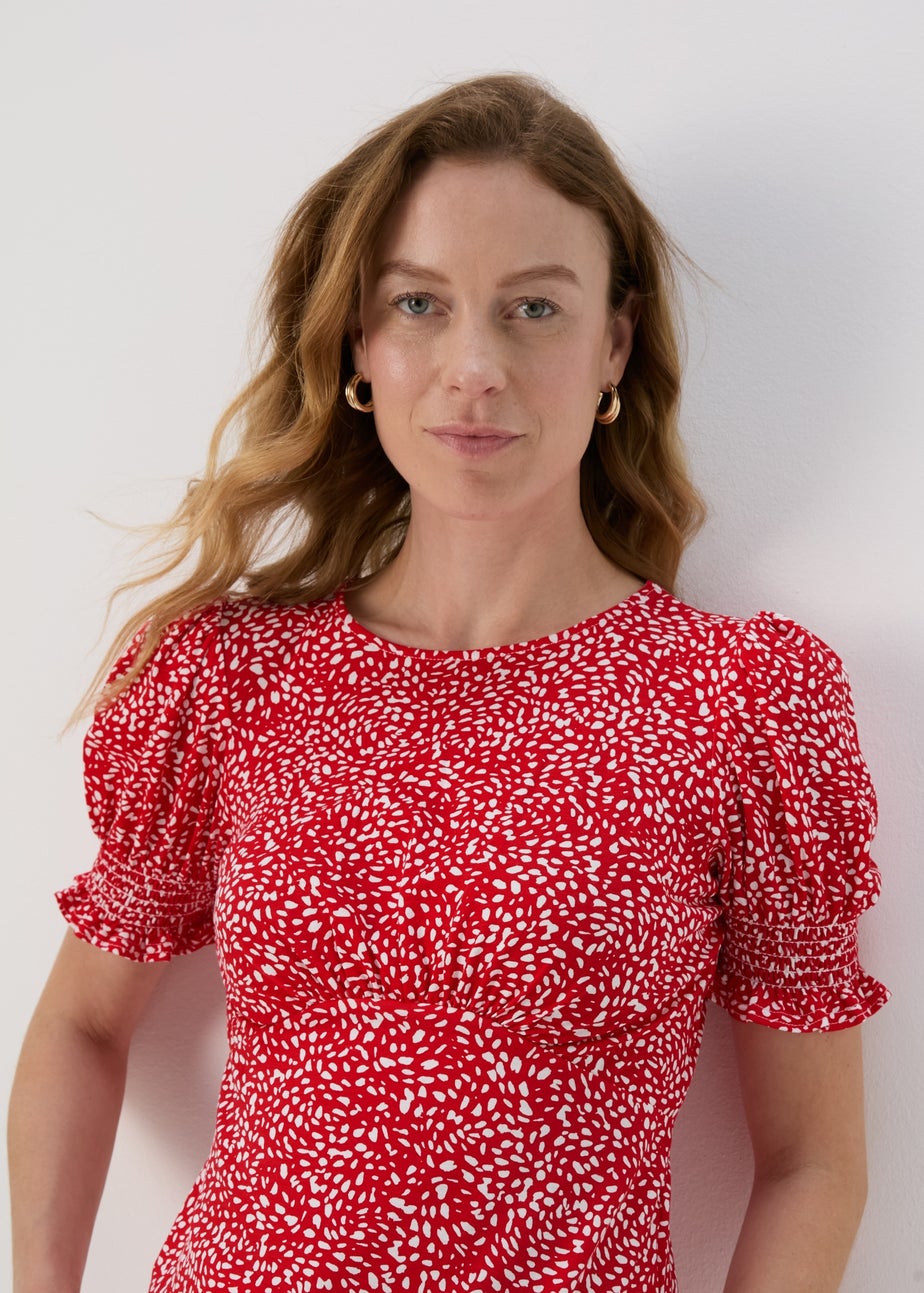 Red Shirred Cuff Jersey Top