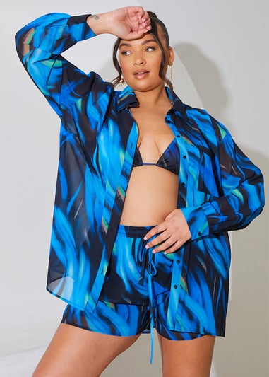 In The Style Perrie Sian Blue Abstract Print Co Ord Shirt