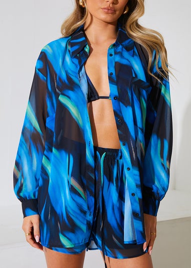 In The Style Perrie Sian Blue Abstract Print Co Ord Shirt