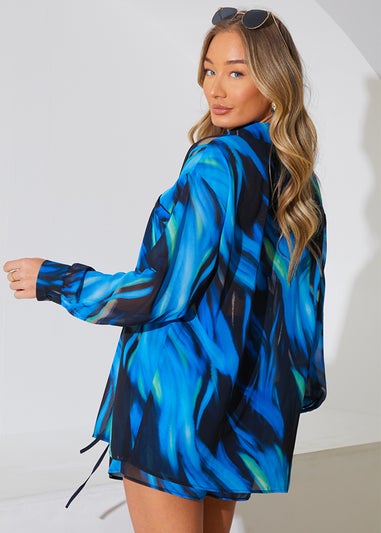In The Style Perrie Sian Blue Abstract Print Co Ord Shirt
