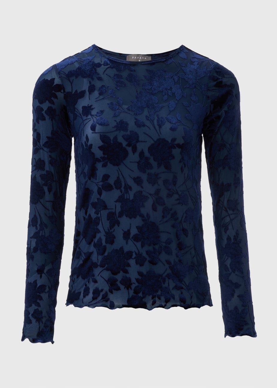 Navy Floral Velour High Neck Top