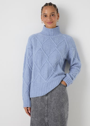 Blue Cable Knit High Neck Jumper