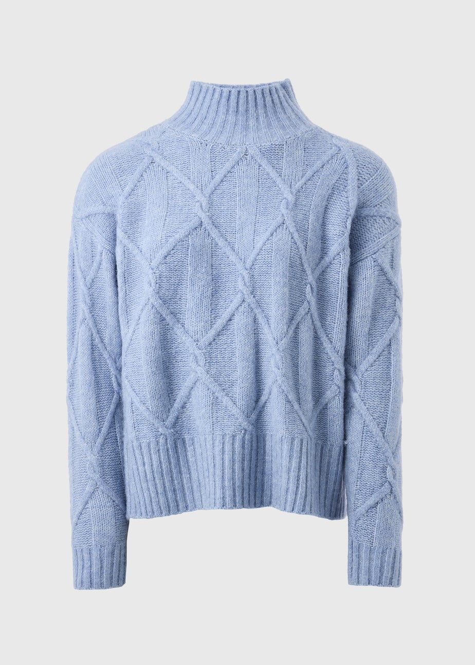 Blue Cable Knit High Neck Jumper