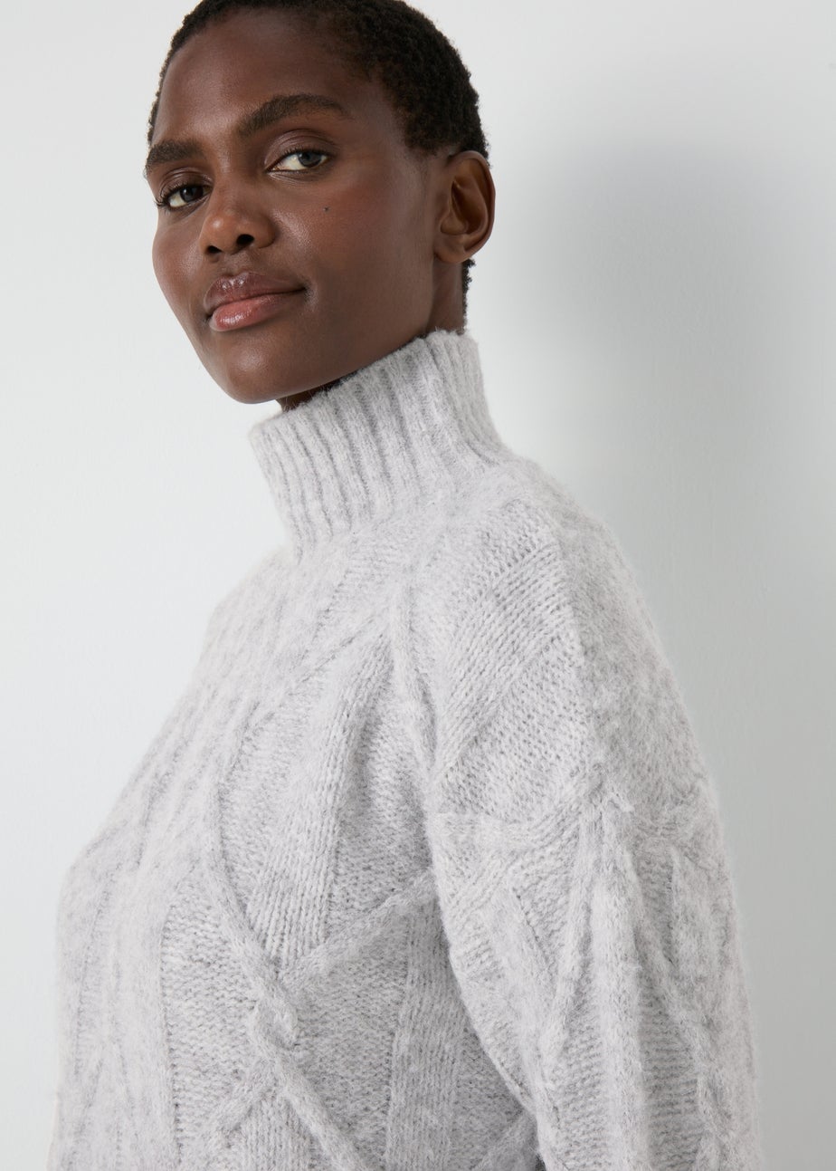 Grey Cable Knit High Neck Jumper