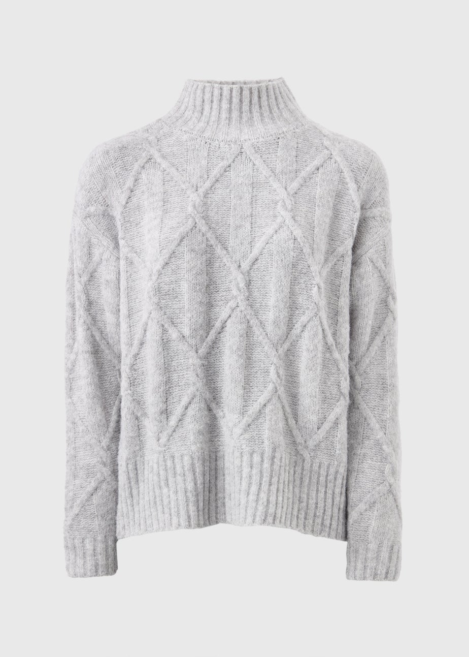 Grey Cable Knit High Neck Jumper