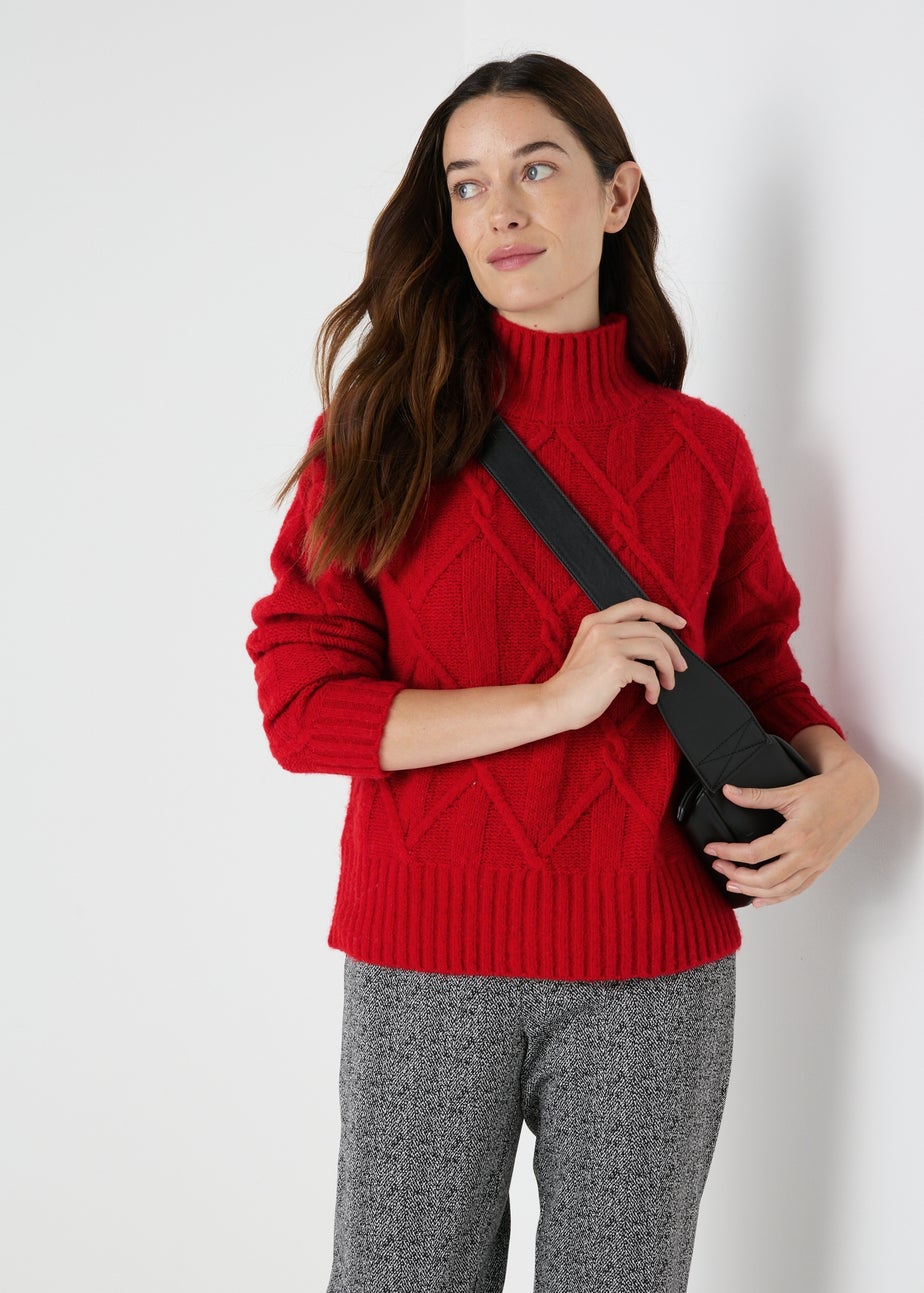 Red Cable Knit High Neck Jumper