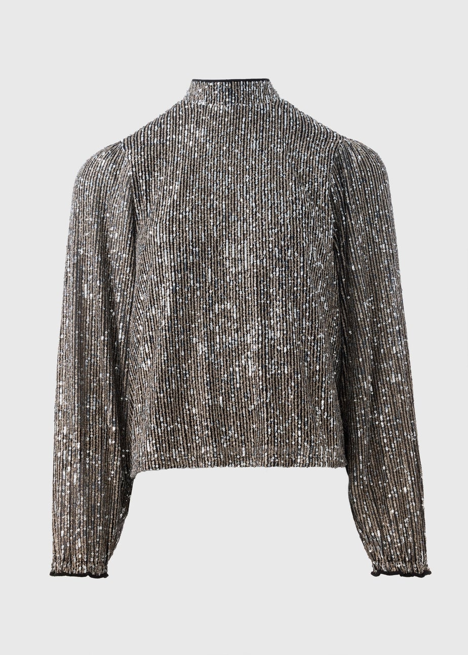 Et Vous Silver Sequin High Neck Blouse