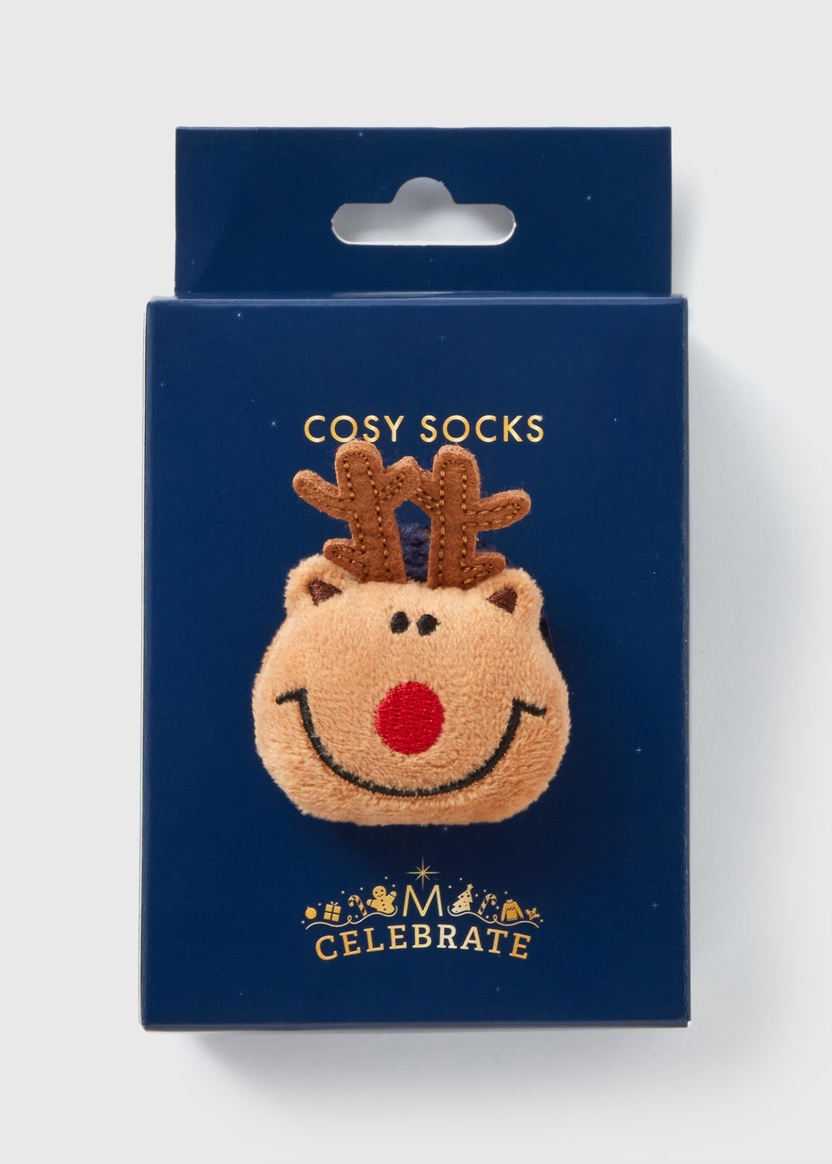 Kids Navy Reindeer Fluffy Socks (Younger 6-Older 6.5)