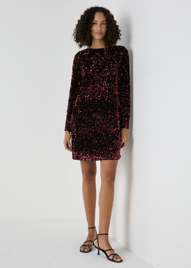 Et Vous Burgundy Sequin Long Sleeve Mini Dress