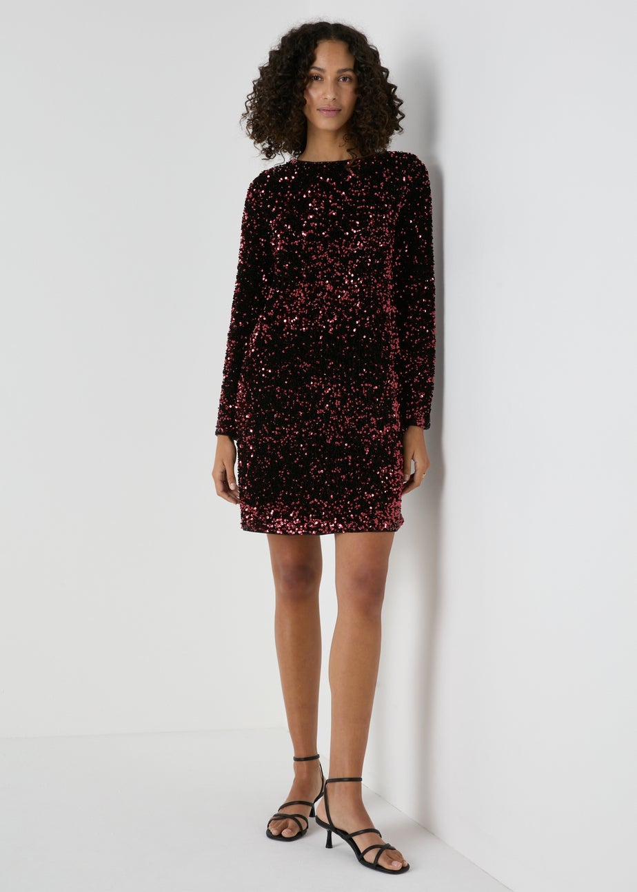 Et Vous Burgundy Sequin Long Sleeve Mini Dress