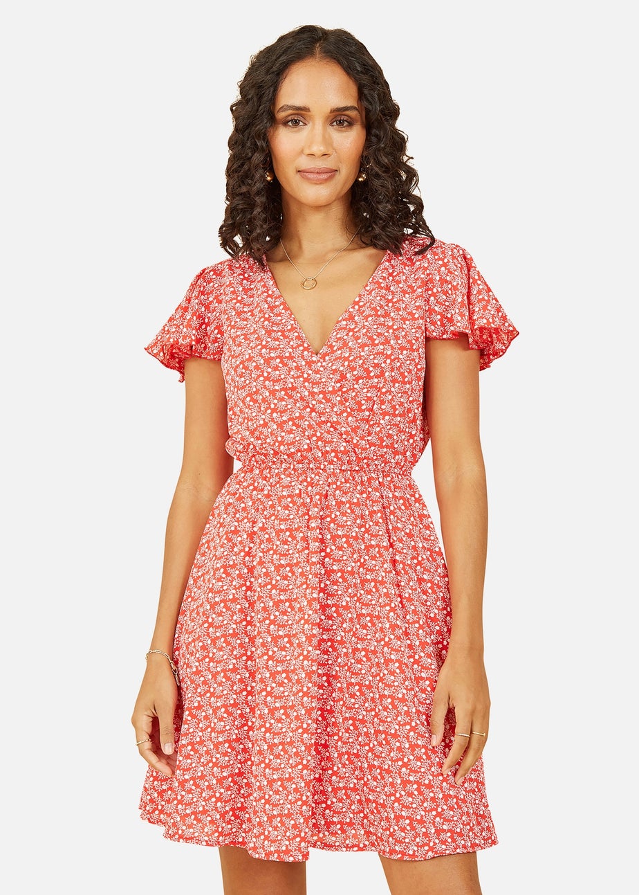 Mela Red Ditsy Print Wrap Skater Dress