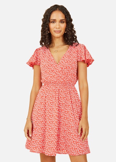 Mela Red Ditsy Print Wrap Skater Dress