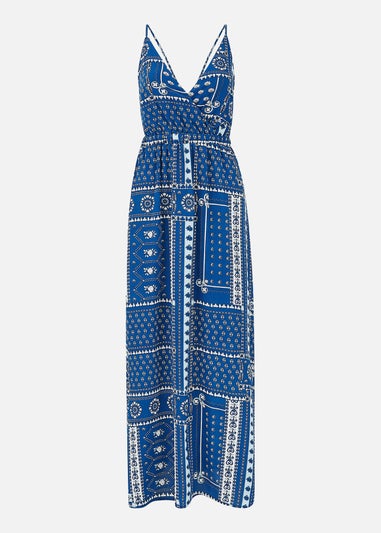 Mela Navy Scarf Printed Maxi Dress With Tie Back