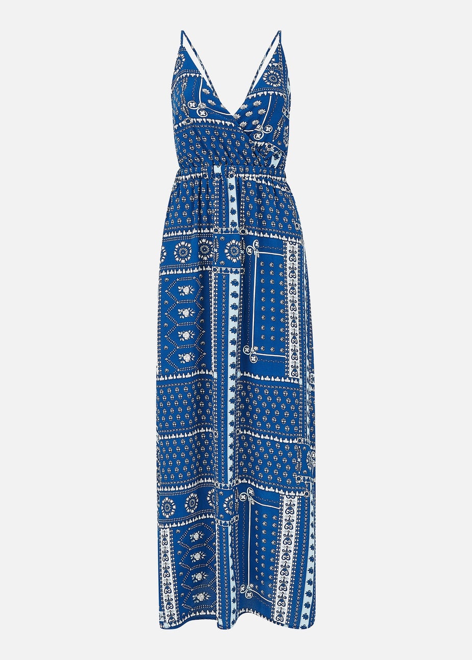 Mela Navy Scarf Printed Maxi Dress With Tie Back
