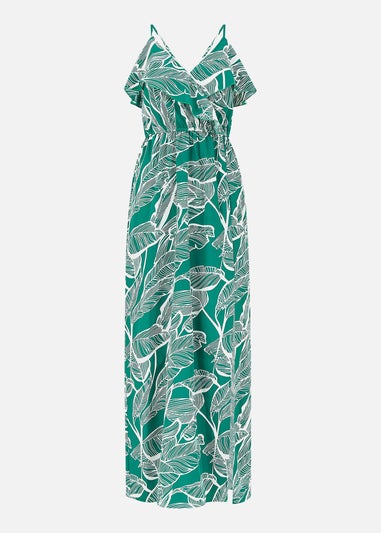 Mela Green Tropical Print Maxi Frill Dress