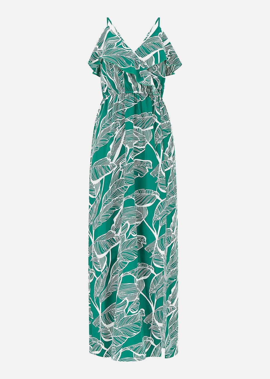 Mela Green Tropical Print Maxi Frill Dress