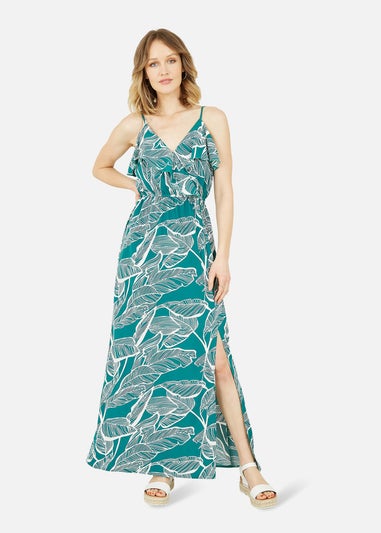 Mela Green Tropical Print Maxi Frill Dress