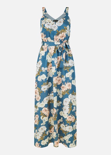 Mela Blue Satin Floral Print Maxi Dress