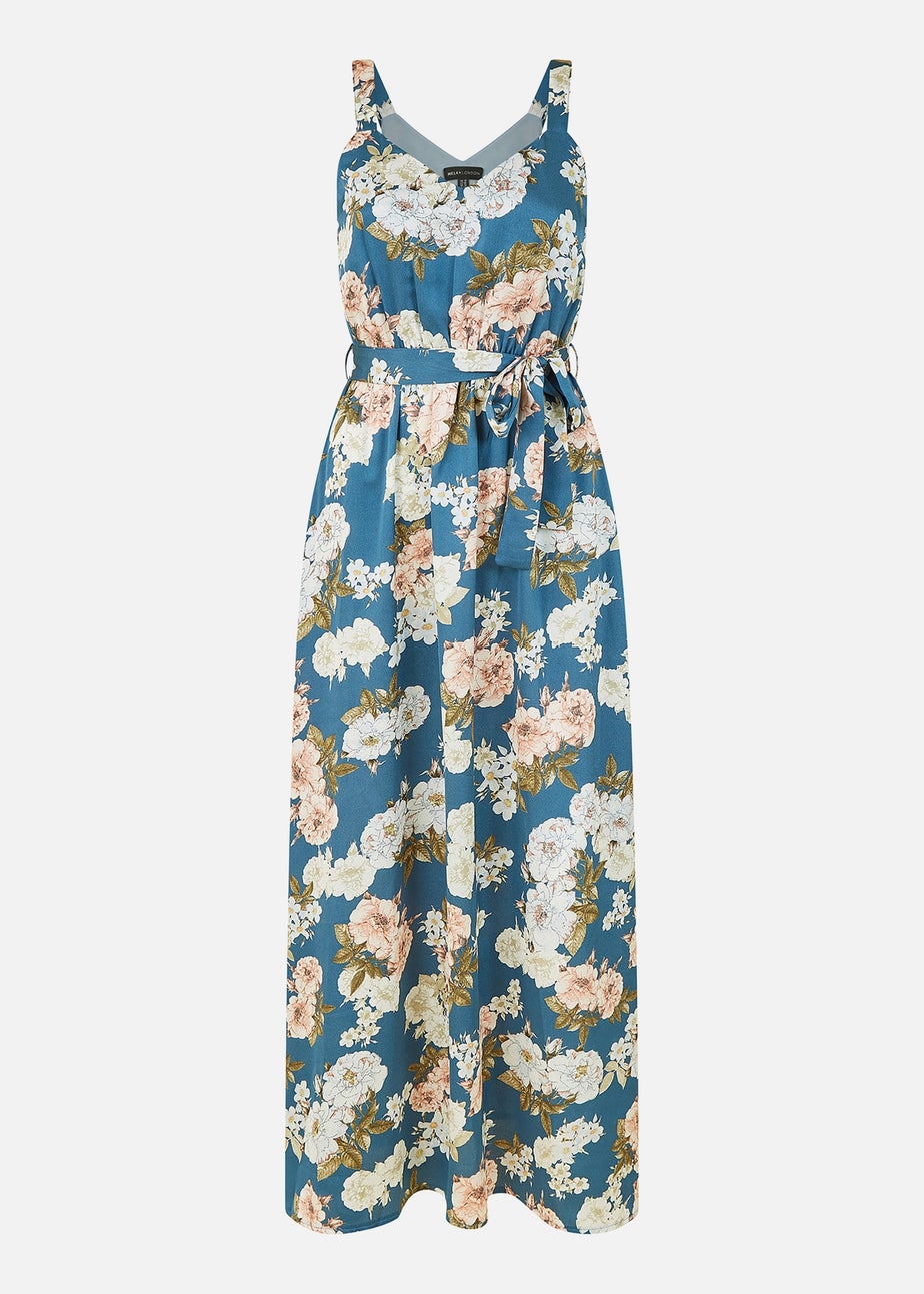 Mela Blue Satin Floral Print Maxi Dress