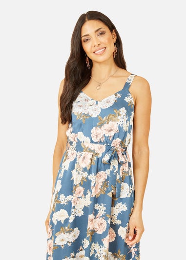 Mela Blue Satin Floral Print Maxi Dress