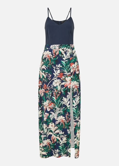 Mela Navy Leaf Print Jersey Maxi Dress With Split Hem