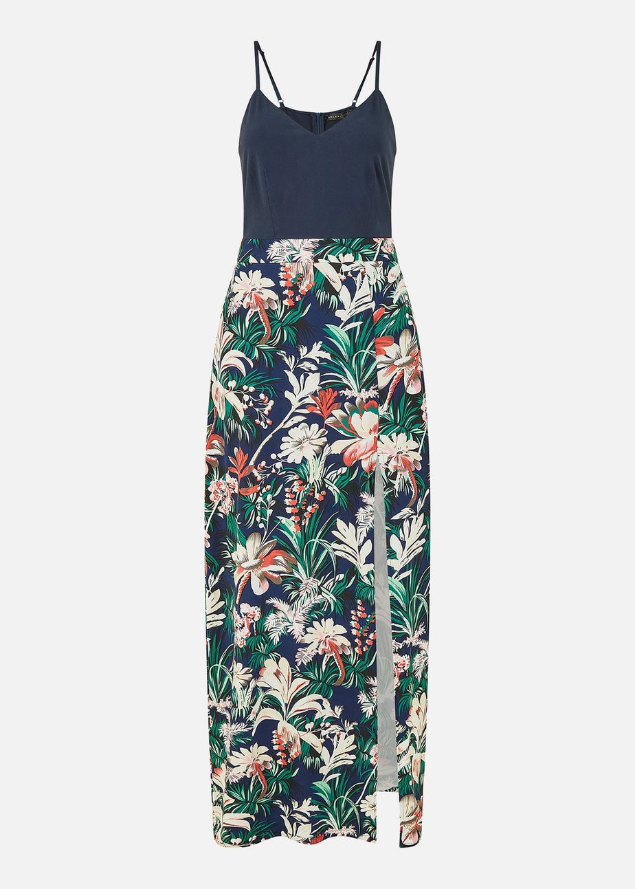 Mela Navy Leaf Print Jersey Maxi Dress With Split Hem