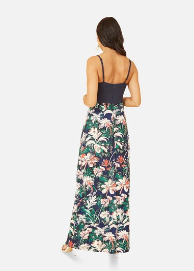 Mela Navy Leaf Print Jersey Maxi Dress With Split Hem