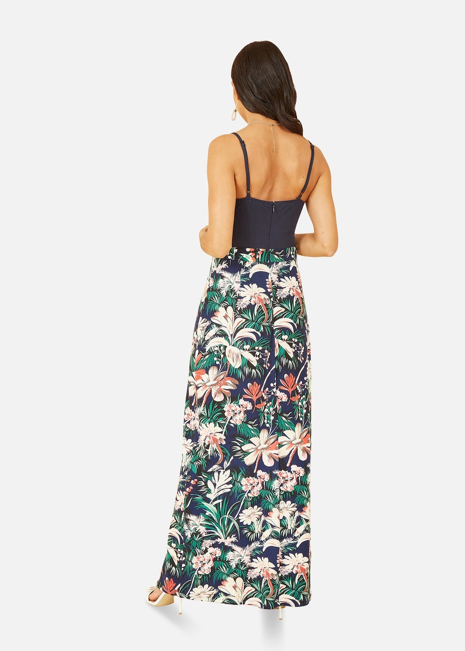 Mela Navy Leaf Print Jersey Maxi Dress With Split Hem