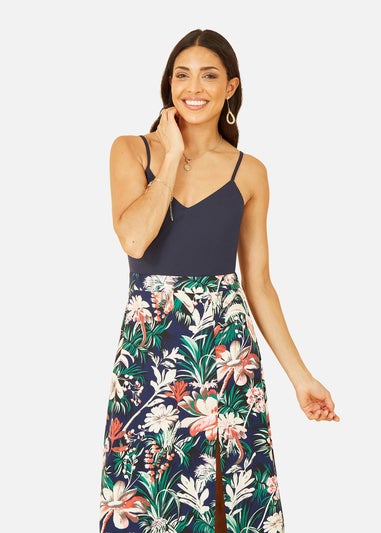 Mela Navy Leaf Print Jersey Maxi Dress With Split Hem