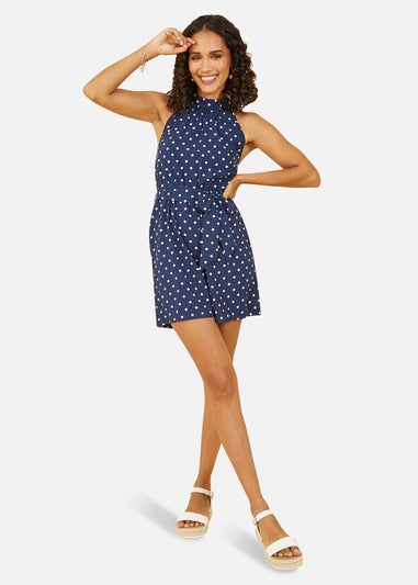 Mela Navy Spot Print Halter Neck Playsuit