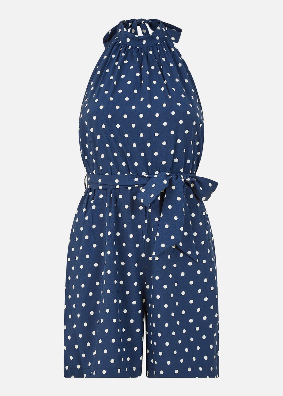 Mela Navy Spot Print Halter Neck Playsuit