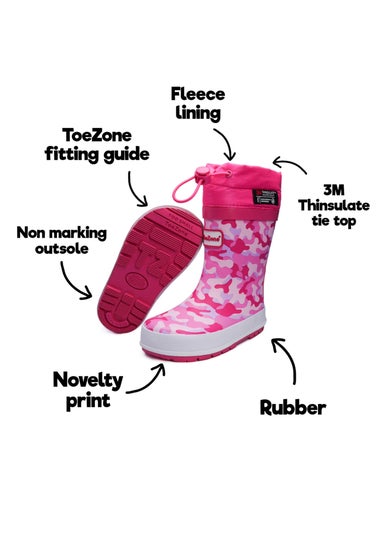 ToeZone Girls Pink Lucy Camo Tie Top Wellies (Younger 6-Older 12)