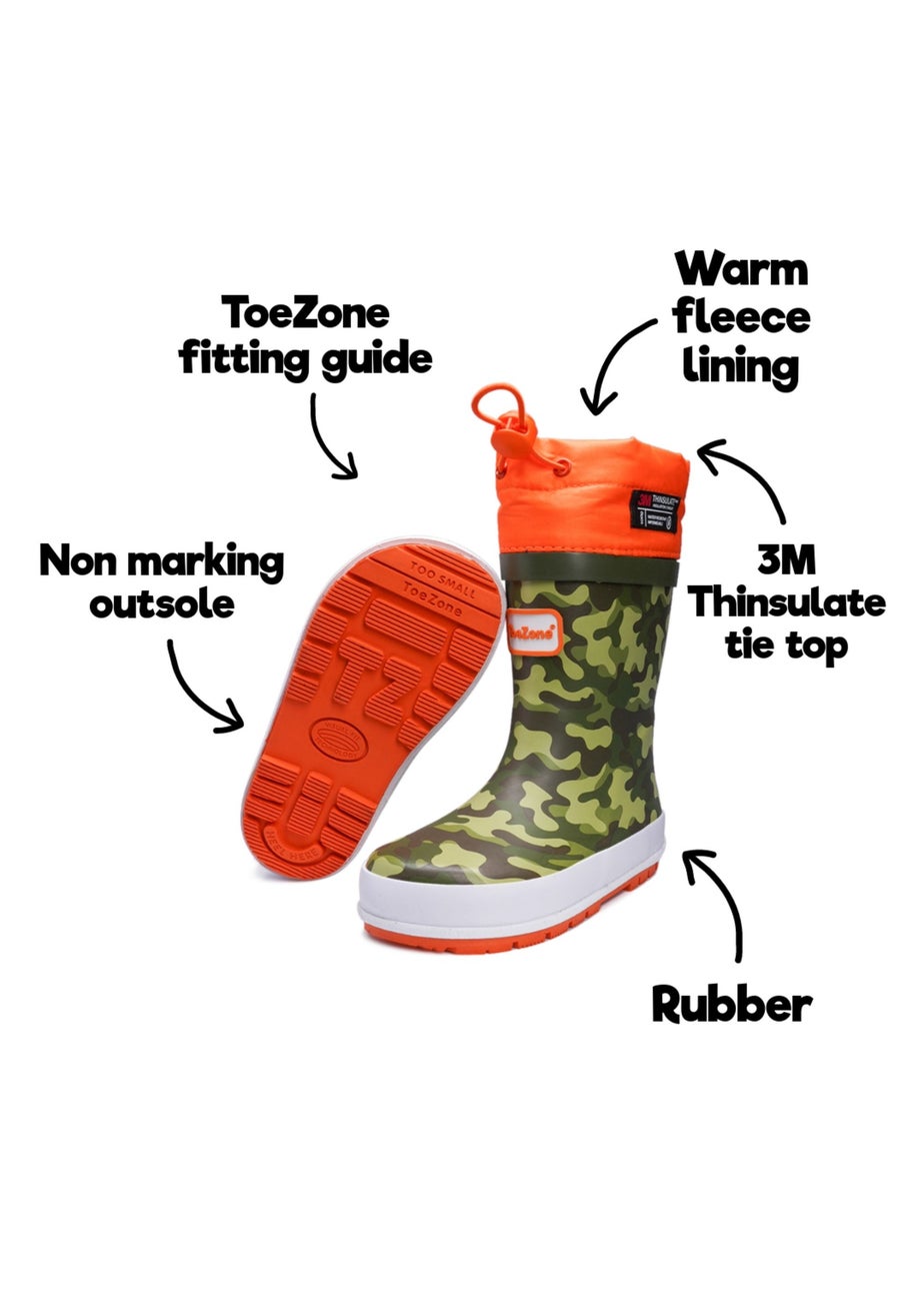 ToeZone Boys Orange Enzo Camo Tie Top Wellies (Younger 6- Older 12)