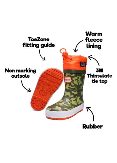 ToeZone Boys Orange Enzo Camo Tie Top Wellies (Younger 6- Older 12)